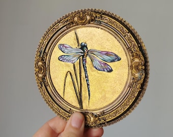 Hand Painted Dragonfly Wall Art: Resin Frame, Gold Accent