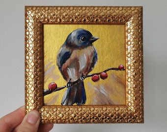 Bluebird Acrylic Painting: Framed Original Bird Art - Cottagecore Decor