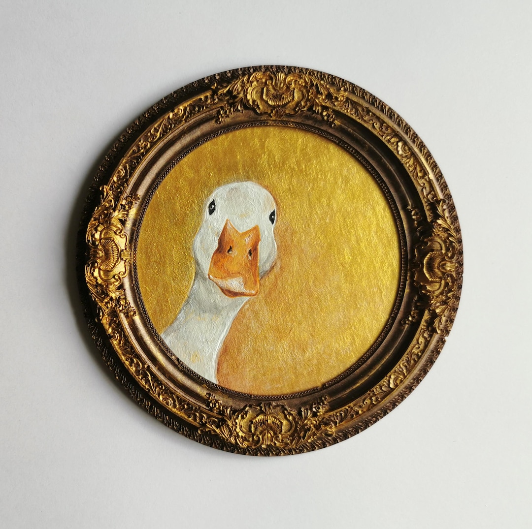 Goose painting acrylic wall art, small animal artwork in bronze frame, miniature bird deco