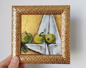 Hand Painted Green Apple Still Life: Kitchen Decor in Golden Frame