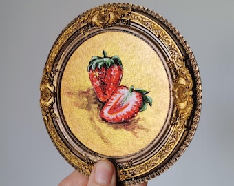 Strawberry painting acrylic wall art, small fruit artwork in bronze frame, kitchen decor miniature