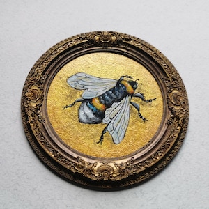 Hand Painted Bumblebee Art: Miniature Acrylic Painting in Resin Frame