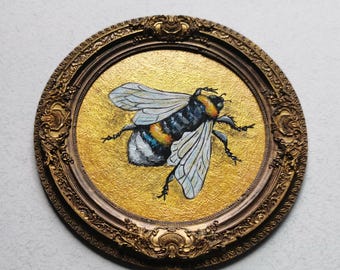 Hand Painted Bumblebee Art: Miniature Acrylic Painting in Resin Frame