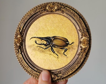 Hand-Painted Hercules Beetle Wall Art: Vintage Bronze Resin Frame