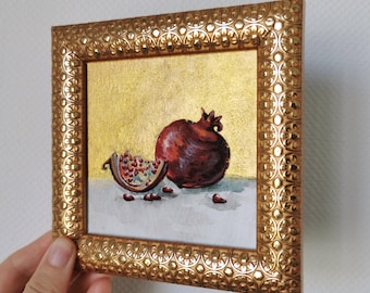 Hand Painted Pomegranate Still Life: Small Golden Framed Acrylic Painting