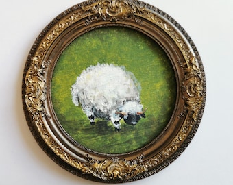 Hand-Painted Sheep Miniature Art, Vintage Bronze Resin Frame, Rustic Farmhouse Decor