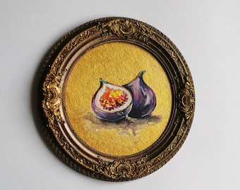 Handmade Miniature Fig Painting, Bronze Frame, Small Wall Decor