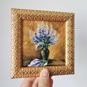 Pintura acrílica Texas Bluebonnet, arte original, decoração de parede com flores do estado do Texas, 5x5, presente emoldurado, pequena obra de arte floral