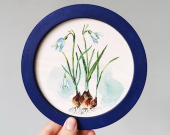 Snowdrop Flower Wood Painting: Botanical Wall Art, Spring Decor