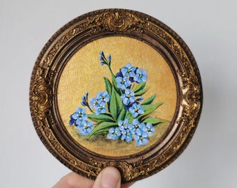 Forget Me Not Painting, Small Floral Art in Bronze Frame