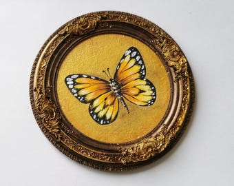 Handmade Yellow Butterfly Painting, Bronze Frame, Insect Wall Art