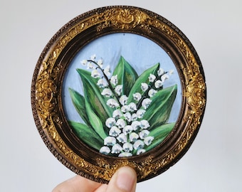 Handmade Lily of the Valley Painting, Small Botanical Art in Bronze Frame