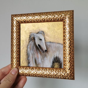 Retrato de perro, pintura acrílica, arte de pared borzoi, obra de arte de lebrel enmarcada, decoración de perro hecha a mano, regalo para amantes de los perros