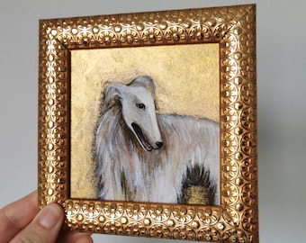 Borzoi Dog Portrait: Acrylic Painting, Golden Frame, Handmade Wall Art