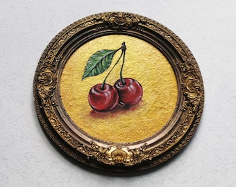 Hand-Painted Cherry Wall Art - Resin Frame, Gold Accent