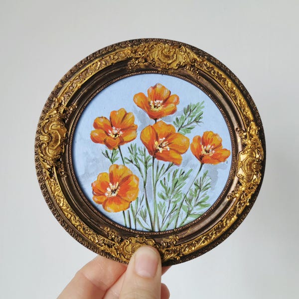 Handmade Orange Poppy Painting, Bronze Frame, Small Floral Artwork