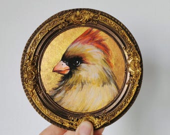 Handmade Cardinal Bird Painting, Bronze Framed Miniature Wall Art