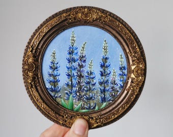 Lupine painting floral acrylic wall art small round artwork in antique bronze resin frame