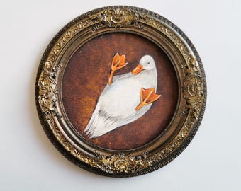 Hand Painted Duck Art, Ornate Round Frame, Acrylic Farm Animal Wall Decor