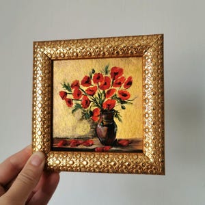 Pequeña pintura acrílica enmarcada, obra de arte de amapola de 5 x 5 pulgadas, arte de pared de flores original