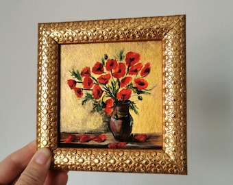 Small acrylic painting framed poppy artwork 5x5 inch original flower wall art