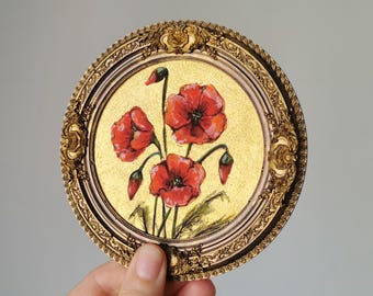 Hand Painted Poppy Wall Art: Vintage Style Resin Frame