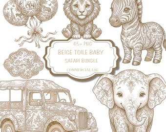 Neutrales Kinderzimmer Clipart: Beige French Toile Safari (Digitales PNG Set), ST1