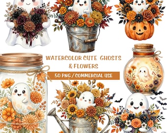 Floral Geist Clipart Bundle | Halloween PNG | Aquarell Blumen Clipart | Niedliche Herbst-Herbst-Blumen Aufkleber Elemente