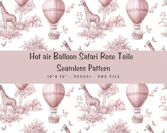 Pink Safari Heißluftballon Toile de Jouy Nahtloses Muster | Baby Tapete für Mädchen | Toile de Jouy Muster | Digitales Papier, ST1