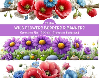 Wildblumen Bordüren und Banner Clipart | Wild Floral Border PNG Transparent | Sofort Download, Kommerzielle Nutzung