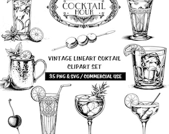 Vintage Lineart Cocktail Clipart-Set | Art Deco Bar Illustrationen (35 PNG / SVG, kommerzielle Nutzung)
