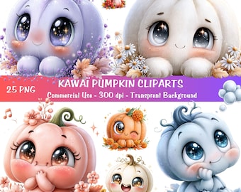 Kawaii Kürbis Gesicht Clipart Bundle | Süßer Herbst Chibi Kürbis Transparent PNG | Sofort Download, Kommerzielle Nutzung