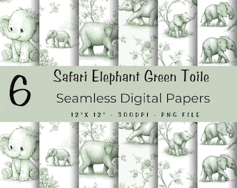 Salbei Grün Toile Safari Elefant Musterdesign | Toile de Jouy Muster | Kinderzimmer Digitales Papier | Toile de Jouy Print ST1