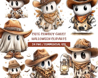 Niedliches Cowboy Geist Clipart Bundle | Halloween-Geist PNG | Kawaii Western Clipart | Kinder Halloween Grafiken | Kommerzielle Nutzung