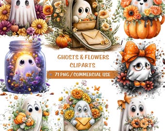 Halloween Geist Clipart Bundle | Süßer Geist PNG Set | Aquarell Herbst Floral Clipart | Gruselige süße Herbst Grafiken PNG