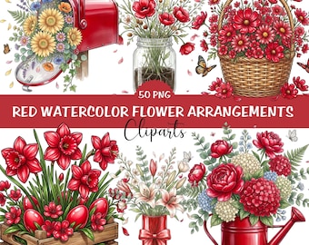Rote Aquarell Blumen Clipart Bundle | 50 Valentinstag Blumen PNG Grafiken (Digitaler Download)