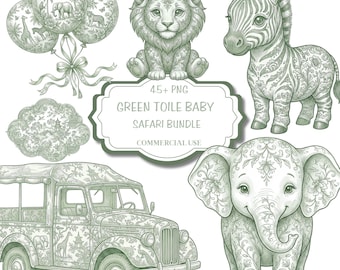 Neutrale Kinderzimmer Clipart: Salbeigrüne French Toile Safari (Digitales PNG Set), ST1