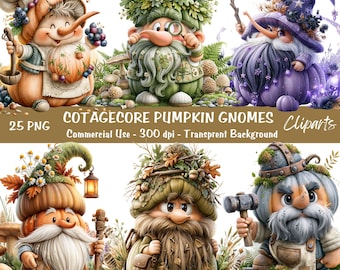 Cottagecore Kürbis Gnome Clipart Bundle | Wunderliche Ernte Herbst Zeichen Transparent PNG | Sofort Download, Kommerzielle Nutzung