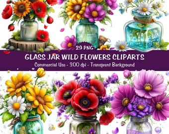 Glasglas Wilde Blumen Clipart | Blumen Einmachglas Transparent PNG | Sofort Download, Kommerzielle Nutzung