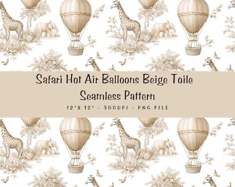 Beige Safari Heißluftballon Toile de Jouy Nahtloses Muster | Kinderzimmer Tapete | Toile de Jouy Muster | Digitales Papier, ST1