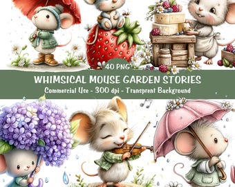 Skurrile Maus Clipart Bundle | Süße Maus Aquarell Transparent PNG | Sofort Download, Kommerzielle Nutzung