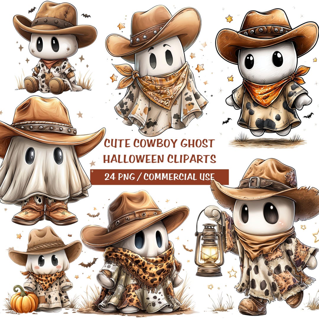 Cute Cowboy Ghost Clipart Bundle | Halloween Ghost PNG | Kawaii Western ...