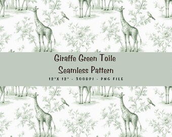 Salbei Grün Giraffe Toile de Jouy Muster | Neutrale Kinderzimmer Tapete | Toile de Jouy Muster | Digitales Papier, ST1