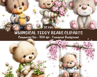 Skurril Teddy Bär Clipart Bundle | Süßer Bär Aquarell PNG Transparent | Sofort Download, Kommerzielle Nutzung