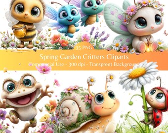Garten Critters Clipart Bundle | Wunderliche Schnecke Biene Schmetterling Marienkäfer Frosch PNG | Sofort Download, Kommerzielle Nutzung