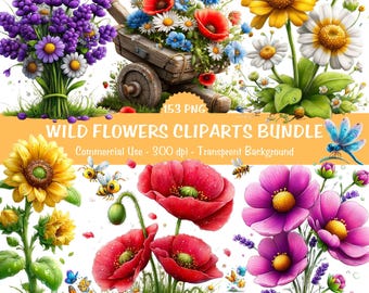 Wildblumen Clipart Bundle | Lebendige Wiese Wilde Blumen Transparent PNG | Sofort Download, Kommerzielle Nutzung