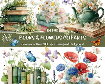 Wildblumen Bücher Clipart Bundle | Cottagecore Blumenbuch Transparent PNG | Sofort Download, Kommerzielle Nutzung