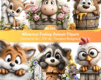 Skurril, spähende Tiere, Clipart Bundle | Süße Tiere Transparente PNG | Sofort Download, Kommerzielle Nutzung