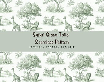 Salbeigrüne Safari Toile de Jouy Muster | Neutrale Kinderzimmer Tapete | Toile de Jouy Muster | Digitales Papier, ST1