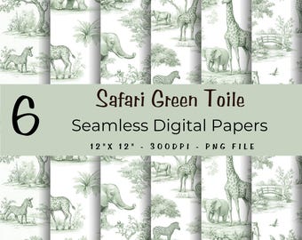 Salbeigrünes Toile de Jouy Safari Muster | Toile de Jouy Muster | Safari Kinderzimmer Digitales Papier | Toile Safari Print, ST1